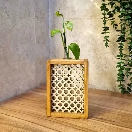 گلدان چوبی تک قلم مدل حصیری