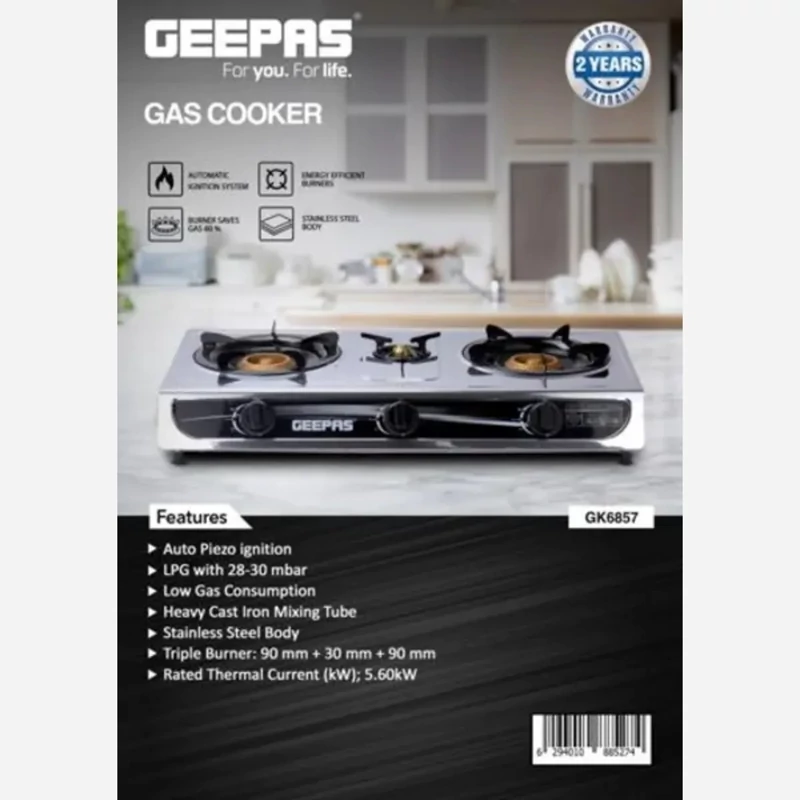 اجاق گاز سه شعله رومیزی جیپاس GK6857 (فندک سر خود)