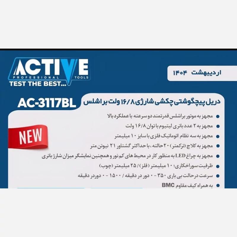 دریل شارژی براشلس 16/8ولت اکتیو چکشی مدل3117BL